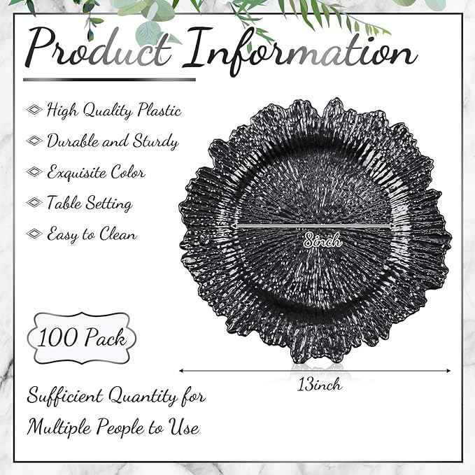 Tanlade 100 Pcs Reef Charger Plates Bulk 13 Inch Plastic Wedding Chargers Floral Decorative Plates with Metallic Ruffled Rim for Wedding Party, Holiday Event Supplies(Black)