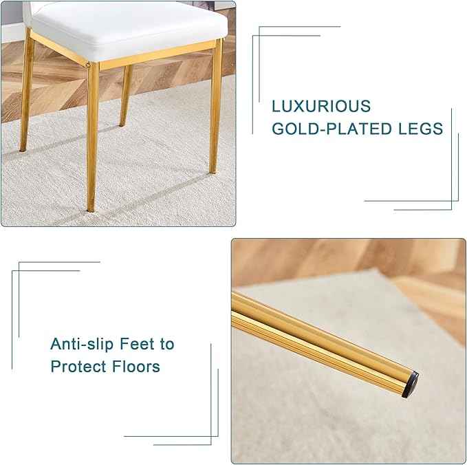 White Dining Chairs Set of 8 Leather Modern Kitchen Chairs with Metal Legs Armless Upholstered Chair for Dinner Room, Office, Waiting Room(Set of 8, White Golden Chair)
