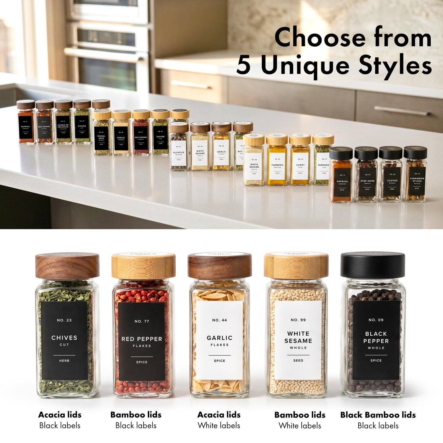 Glass Spice Jars with Label (36x Bamboo Jars White Stickers)