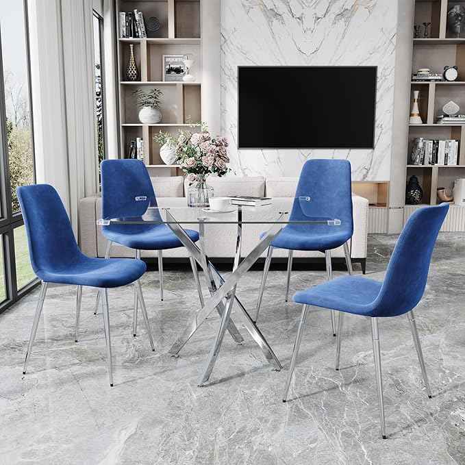 36" Square Glass Dining Table Set for 4, 5-Piece Modern Kitchen Table with 4 Blue Scoop-Shape Velvet Chairs, Modern Circle Leisure Table for Home Office Dining Room Small Spaces (Gold Leg)