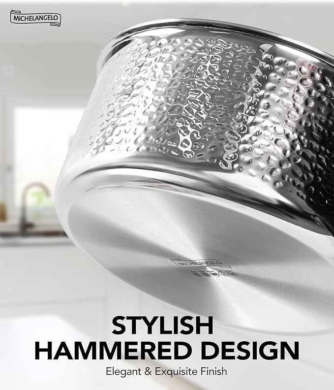 Michelangelo Triply Stainless Steel Pots and Pans Set, 10-Piece Hammered Stainless Steel Cookware Set with Golden Handle, Premium Induction Kitchen Cookware, Oven Safe