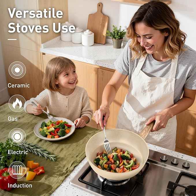 DisDelight Pots and Pans Set Non Stick, Nonstick Induction Granite Kitchen Cookware Sets, Induction Nonstick Granite Cooking Set, Induction Cookware Cooking Pan Set, Pan Sets for Cooking, Cream White