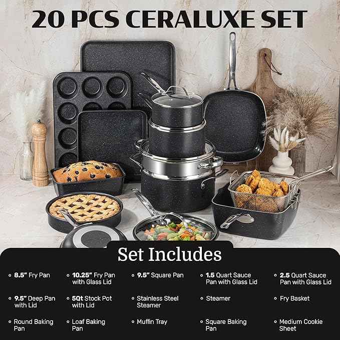 Granitestone Ceraluxe 20 Pc Ceramic Cookware Set Nonstick, Complete Pots and Pans Set Non Stick with 5 Pc Bakeware Set, Deep Frying Pan Set, & Steamer, Non Toxic PFOA Free, Oven & Dishwasher Safe