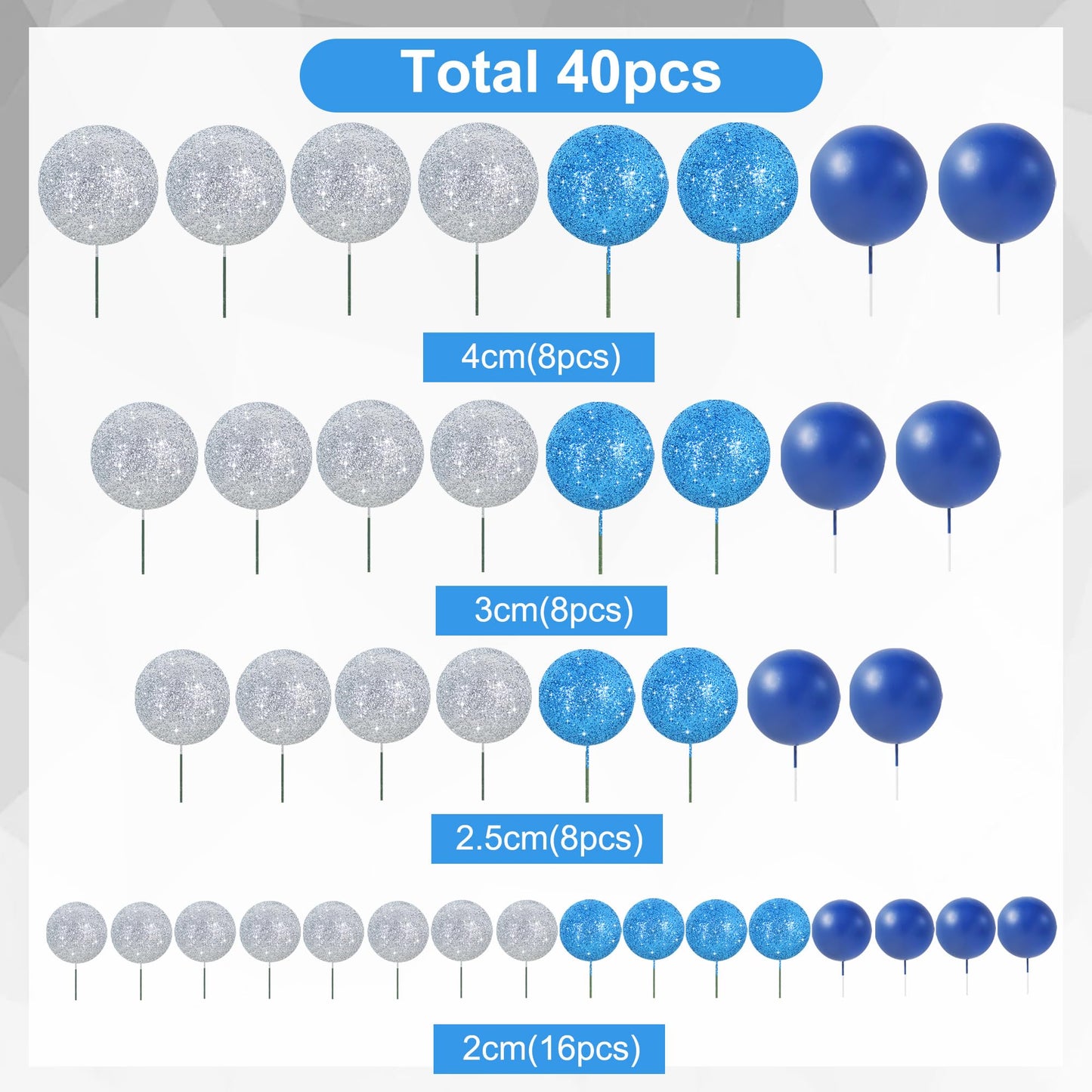40 Pcs Ball Cake Toppers Mini Balls Cake Decorations Blue Silver Foam Balls Sticks DIY Cake Topper for Baking Congrats Grade 2026 Graduation Birthday Winter Party Decorations (40 Count)