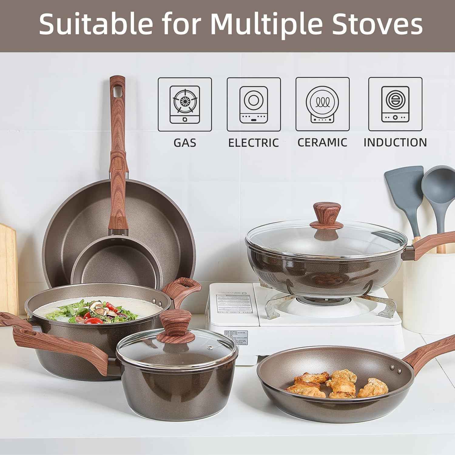 12Pcs Pots and Pans Set, Nonstick Cookware Sets, Non Stick Pots and Pan Set with Frying Pans, Saucepans, Steamer Silicone Shovel Spoon