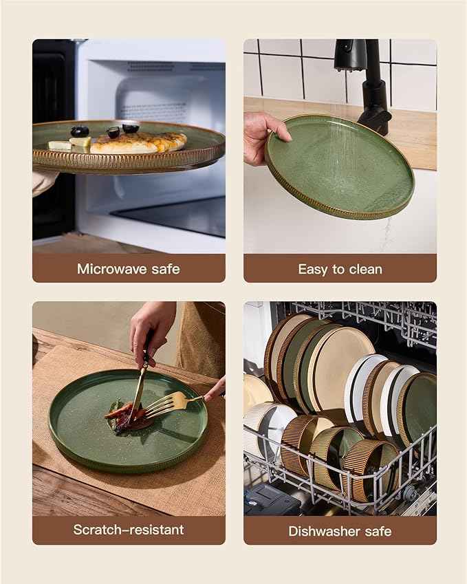 Stoneware Dinnerware Sets, Handcrafted Double Reactive Glaze Plates and Bowls for Everyday & Formal Dining, Microwave & Dishwasher Safe, Scratch Resistant Dishes Service for 4 (12-Piece), Moss