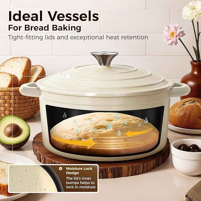 Kitchen Academy Enameled Cast Iron Cookware Sets - 7Pcs Pots and Pans Set Non Toxic, Induction Cooking Pots Set, PFOA&PFAS Free(Beige)