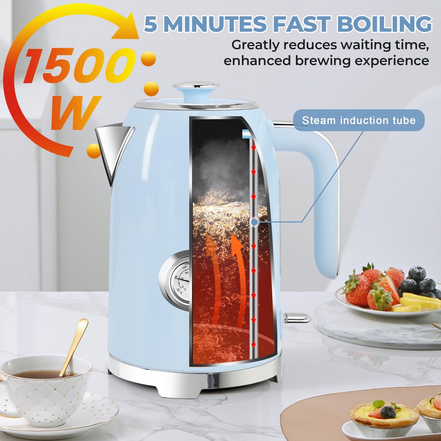 57oz Electric Kettle with Thermometer (Blue)