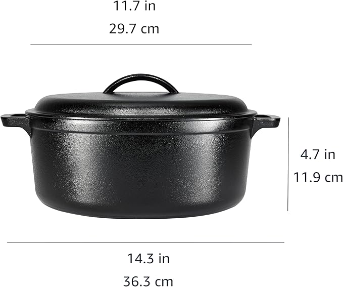 Amazon Basics Pre-Seasoned Cast Iron Dutch Oven Pot with Lid and Dual Handles, Oven Safe, Heavy-Duty, 7-Quart, Round, Black