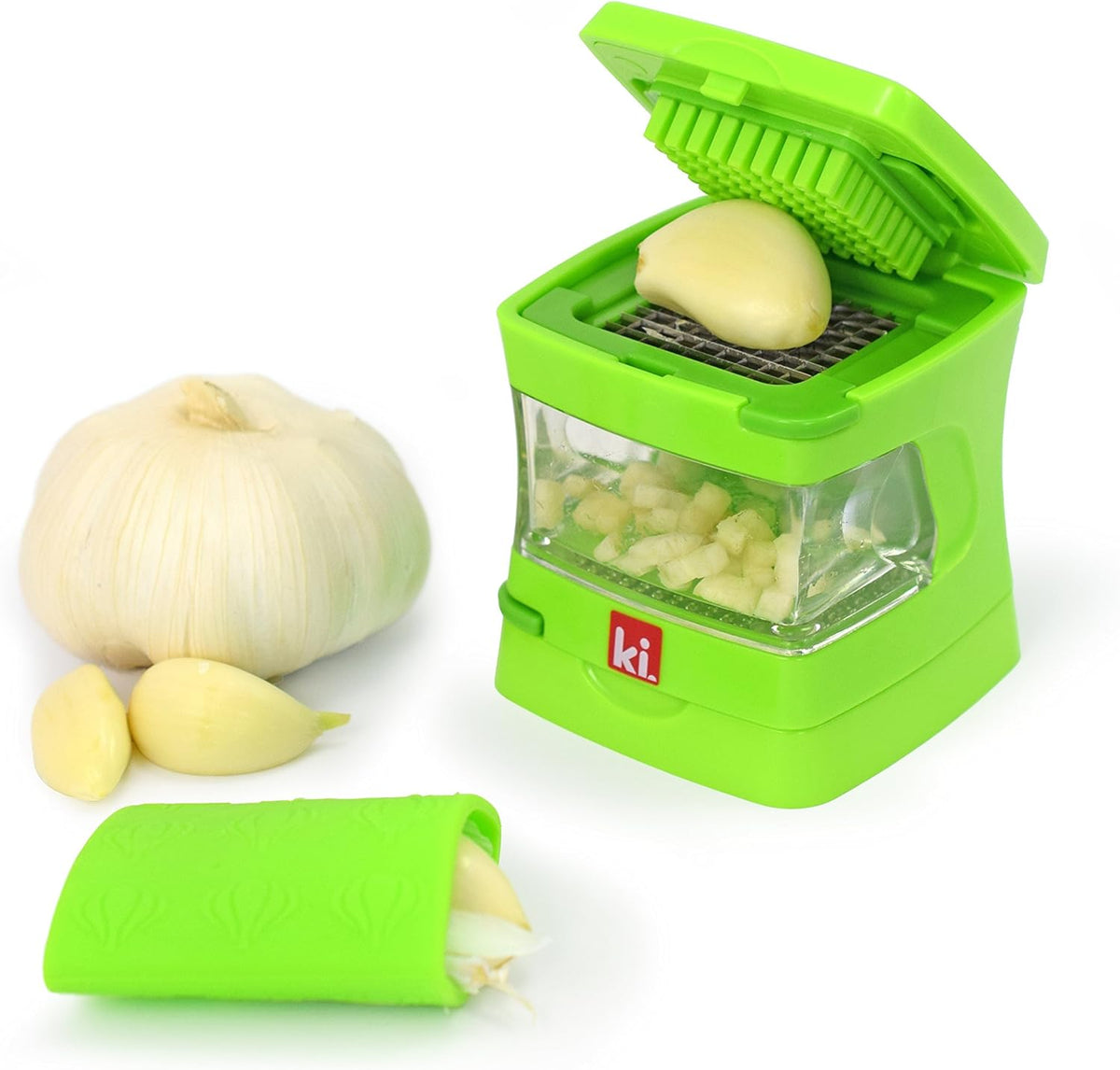 Garlic-A-Peel Garlic Press, Crusher, Cutter, Mincer, and Storage Container - Includes Silicone Garlic Peeler - Easy to Clean - Stainless Steel Blades – (Green), standard - HomeSpice