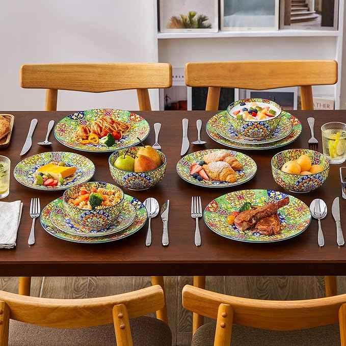 vancasso 12 Pieces Dinnerware Sets, Green Plates and Bowls Set, Porcelain Dishes Set for 4, Microwave and Dishwasher Safe, Scratch Resistant, Bohemian Style Dining Ware Service for 4, Series SIMI