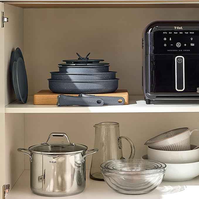 T-fal Ingenio Essentials Cookware Set with Detachable/Removable Handle 11 Piece, Granite Titanium Non Stick, Oven Broiler Safe 500F, Stackable, Pots and Pans Set, Frying Pans, Dishwasher Safe, Gray