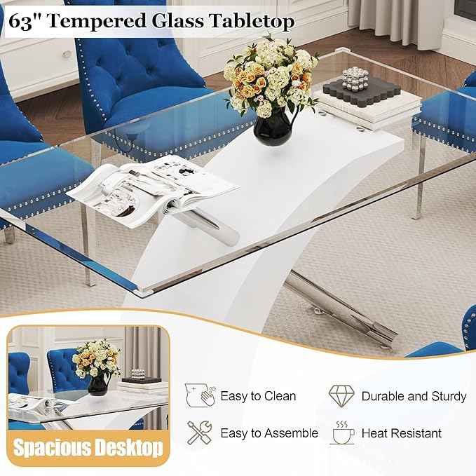 7 Piece Glass Dining Table Set for 6, 63" Modern Kitchen Table with 6 Blue Velvet Chairs, Tempered Glass Tabletop with White X-Shaped MDF Base, Modern Dining Room Set for Kitchen and Dining Room
