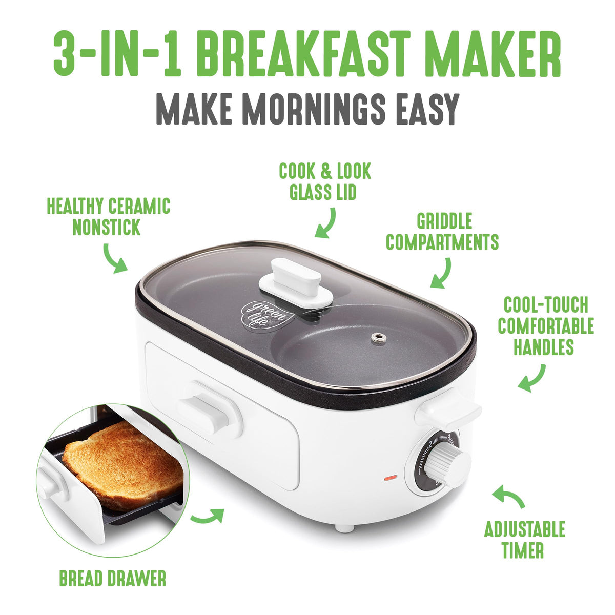 3-in-1 Breakfast Maker Station, Healthy Ceramic Nonstick Dual Griddles for Eggs Meat Sausage Bacon Pancakes and Breakfast Sandwiches, 2 Slice Toast Drawer, Easy-to-use Timer, White (White / 11" Breakfast Maker / Breakfast Maker)