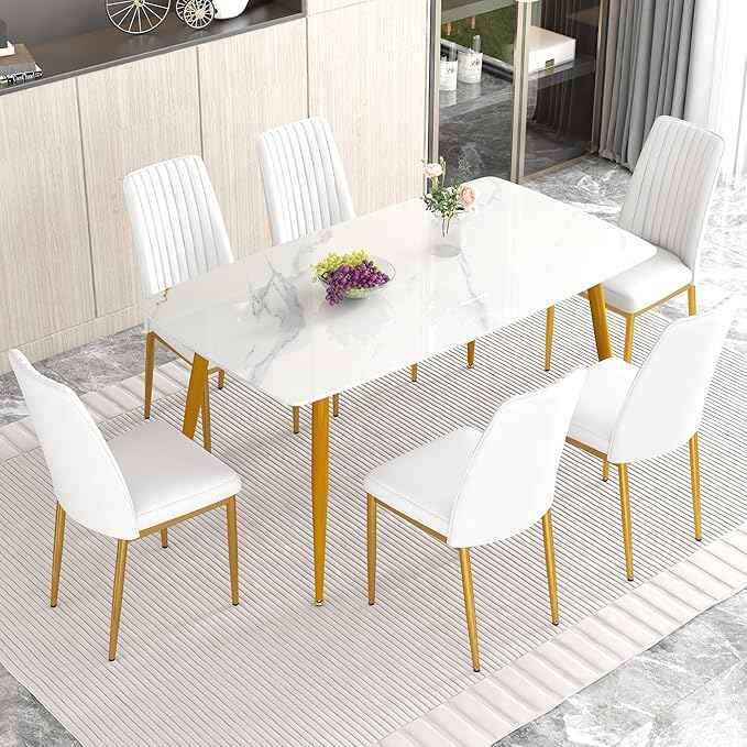 White Golden Dining Chairs Set - Modern PU Leather Armless Chairs with Metal Legs for Dinner Room, Office, Waiting Room (Set of 6)