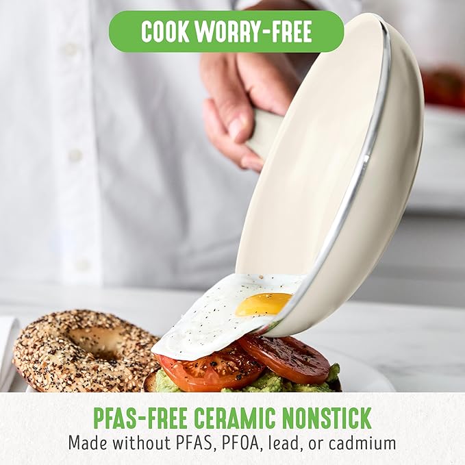 GreenLife Soft Grip 8” Frypan Skillet and Spatula Breakfast Cookware Set, PFAS-Free Ceramic Nonstick, Silicon Spatula with Bamboo Handle, Egg Omelette Bacon, Dishwasher Safe, Stay-Cool Handles, Cream
