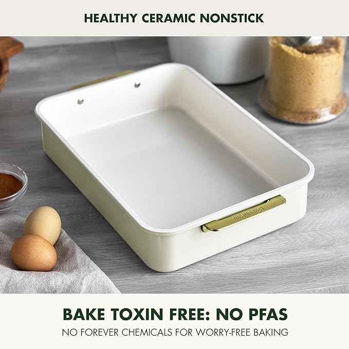 GreenPan Bakeware 13” x 9” Rectangular Cake Pan, Ceramic Nonstick Baking Pan, PFAS & BPA Free, Gold Handles, Durable Steel, Freezer to Oven Dish, Scratch Resistant, Bake & Roast Ovenware, Cream