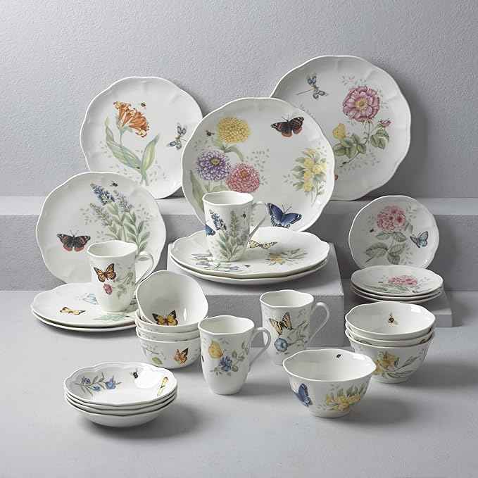 Lenox Dinnerware Set, Butterfly Meadow 28-Piece Set, Service For 4, Porcelain Plates With Scalloped Edges, Plates And Bowls Sets, Microwave Safe, Dishwasher Safe, Home & Kitchen (28 Piece, Assorted)