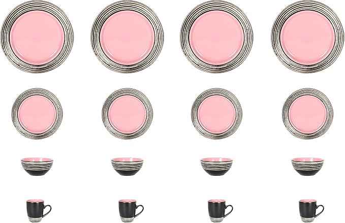 16 Piece Dinnerware Set, Ceramic Plates and Bowls Sets for 4, Microwave and Dishwasher Safe, Handcrafted Tree Bark Series Dish Set, Rose/Pink