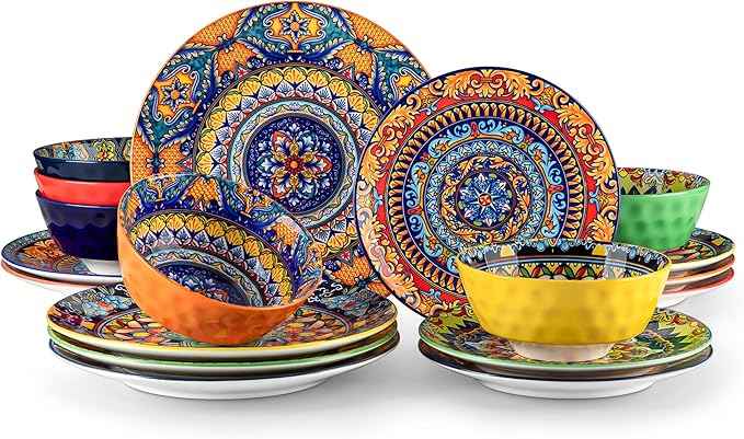 vancasso 18 Pieces Plates and Bowls Set, Bohemian Style Dinnerware Sets Service for 6, Porcelain Boho Dishes Set for Kitchen, Housewaring Gift, Dishwasher and Microwave Safe, Series KRVI