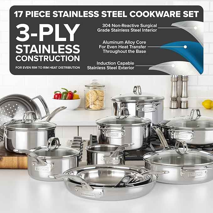 Viking 3-Ply Pots and Pans Set, 17 Piece Stainless Steel Cookware Glass Lids, Steamer Insert, Silver