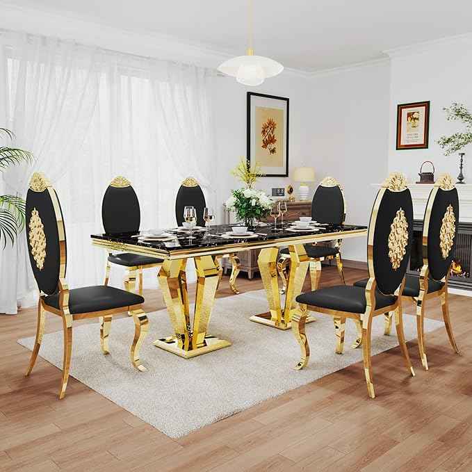 AF ARTISAN FURNITURE 7 Piece Luxury Dining Room Set, Modern Dining Table and Upholstered Chairs Set, Marble Kitchen Table Set for 6, Big Kitchen Dinner Tables Kit with Gold Base