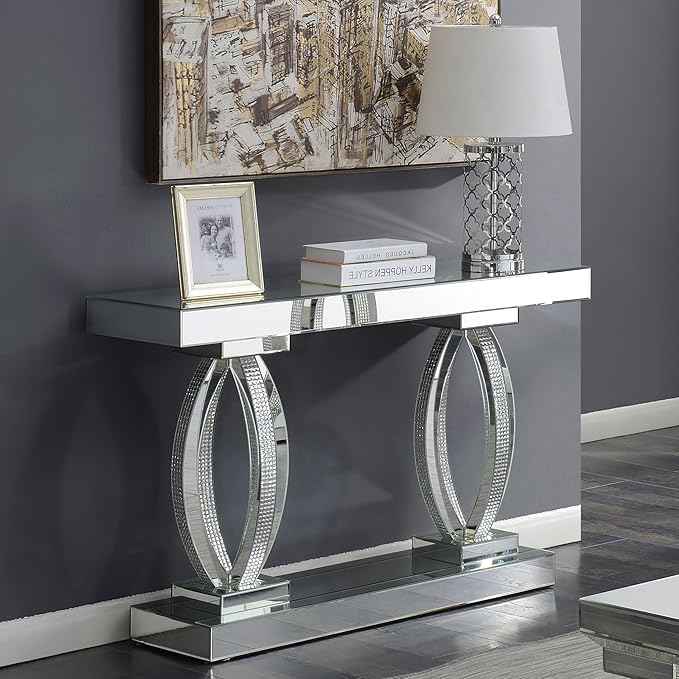 Coaster Home Furnishings - Amalia - Mirror and Metal - 47-Inch Mirrored Console Table with Oval-Shaped Base and Rectangular Tabletop - Hallway, Living Room, Entryway - Silver - 722519