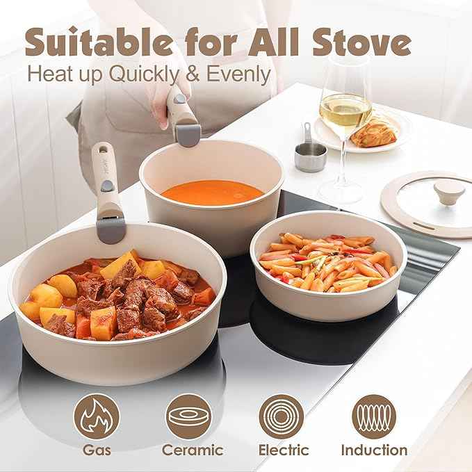 SENSARTE 24 Piece Ceramic Pots and Pans Set, Nonstick Detachable Handle Cookware, Induction Cookware Set with Removable Handle, Healthy Non Stick for RV, Dishwasher＆Oven Safe, PFOA Free (Almond Beige)
