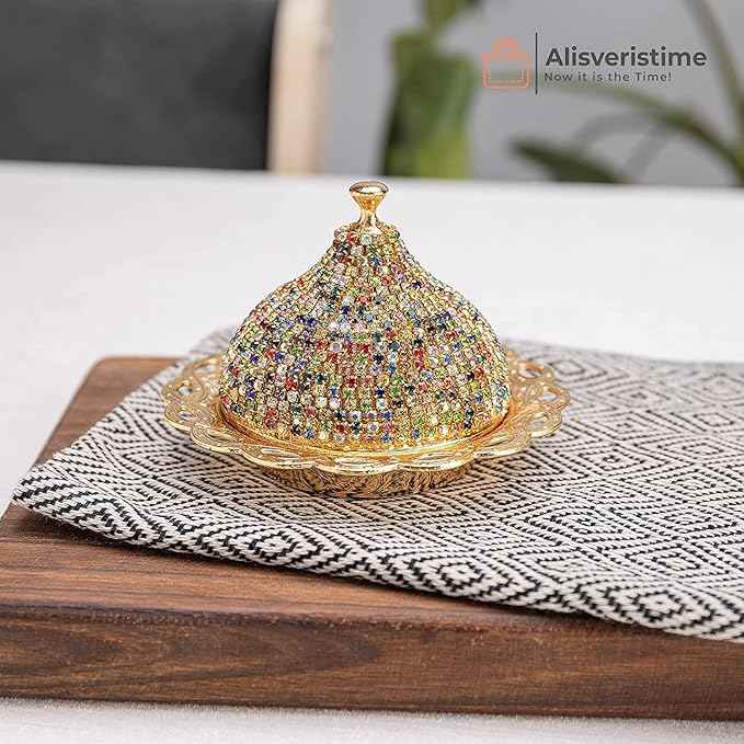 Alisveristime Crystal Embellished Turkish Coffee Set – 27 Pieces – Decorative Zamac Espresso Cups, Saucers and Sugar Bowl with Tray – Available in Three Color Variations (Multi)