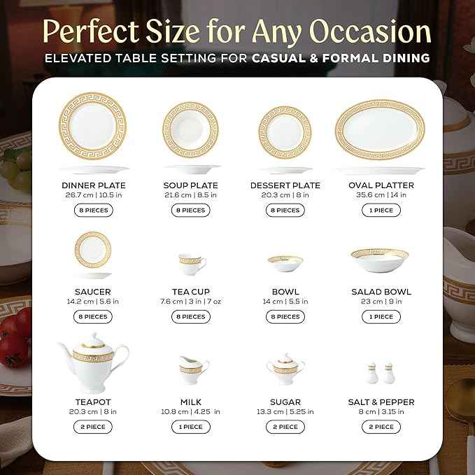 Joseph Sedgh Collection 57-Piece Bone China Dinnerware Set, Service for 8, White and Golden Greek Key