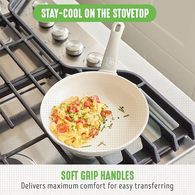 GreenLife Soft Grip 8” Frypan Skillet and Spatula Breakfast Cookware Set, PFAS-Free Ceramic Nonstick, Silicon Spatula with Bamboo Handle, Egg Omelette Bacon, Dishwasher Safe, Stay-Cool Handles, Cream
