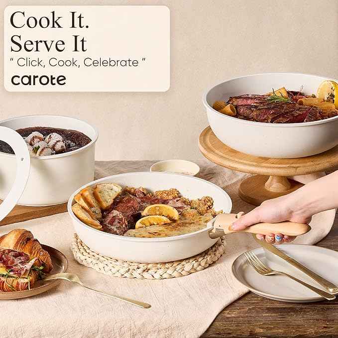 CAROTE Pots and Pans Set Non Stick, Cookware Sets, Kitchen Set, Oven/Dishwasher/Fridge Safe, Space Saving Pots Set, Nonstick Set with Versatile Detachable Handle, Induction RV Set, Cream