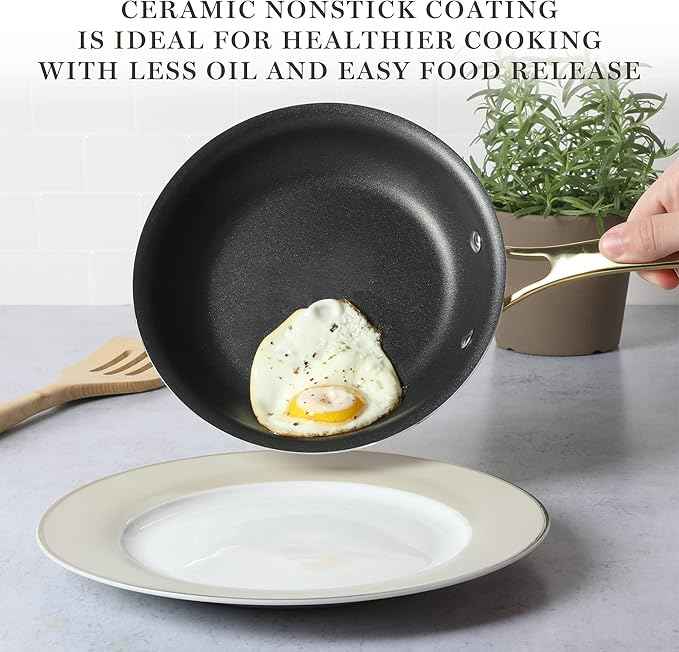 Martha Stewart Lockton 14 Piece Premium Non-Stick Heavy-Gauge Aluminum Cookware Combo Set (Pots, Pans, and Tools) - Black w/Gold Handles