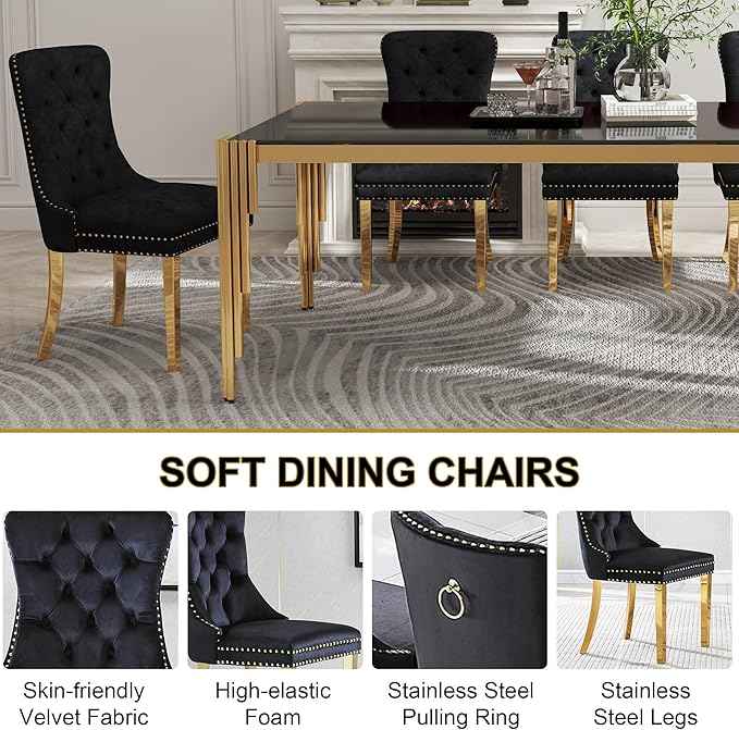 78'' Modern Glass Dining Table for 6-8 People,Black Tempered Glass Top Dining Room Table with Stainless Steel Base, Glass and Gold Dining Table for 6, Rectangle Dining Kitchen Table for Dinner