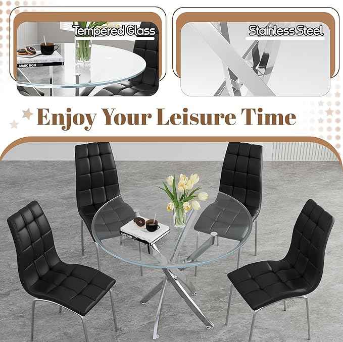5 Piece Round Glass Dining Table Set, Round Tempered Glass Kitchen Table Set for 4, Modern Table Set with 4 High-Back Upholstered Chairs for Kitchen Dining Room (Silver Legs, 4 Black Chairs)