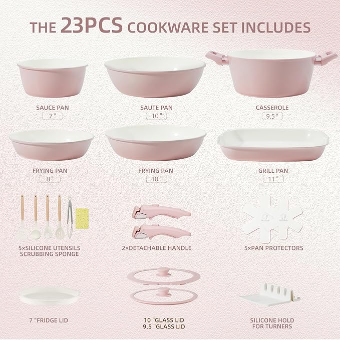 BECIGAR 23pcs Ceramic Pots and Pans Set, Nonstick Detachable Handle Cookware, Induction Kitchen Cooking Set with Removable Handle,include Frying Pans & Saucepans Oven Safe(Pink)
