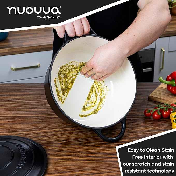 Cast Iron Dutch Oven with Lid – Non-Stick Ovenproof Enamelled Casserole Pot – Sturdy Dutch Oven Cookware – Black, 7.3-Quart, 30cm – by Nuovva