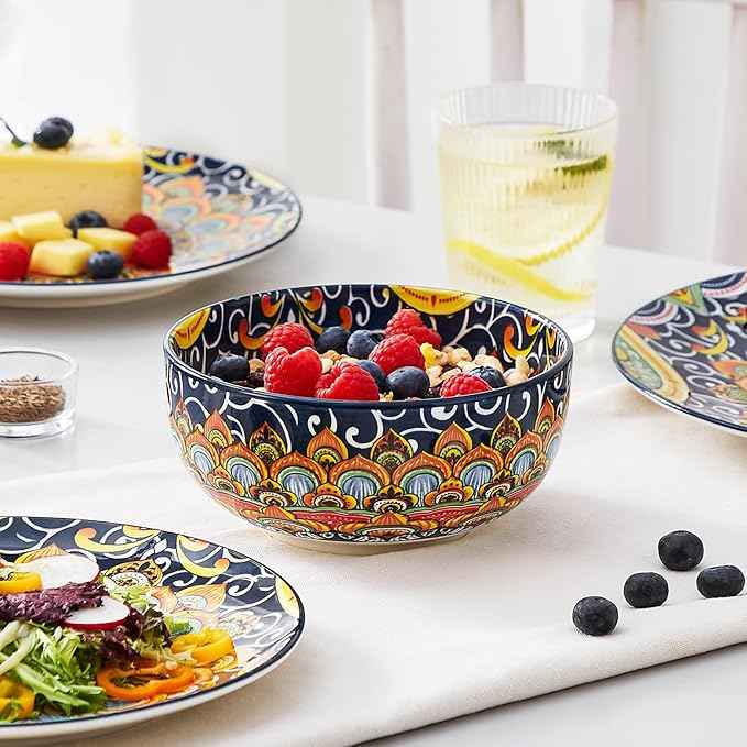 vancasso 12 Pieces Dinnerware Sets, Dark Green Plates and Bowls Set, Porcelain Dishes Set for 4, Microwave and Dishwasher Safe, Scratch Resistant, Bohemian Style Dining Ware Service for 4, Series SIMI