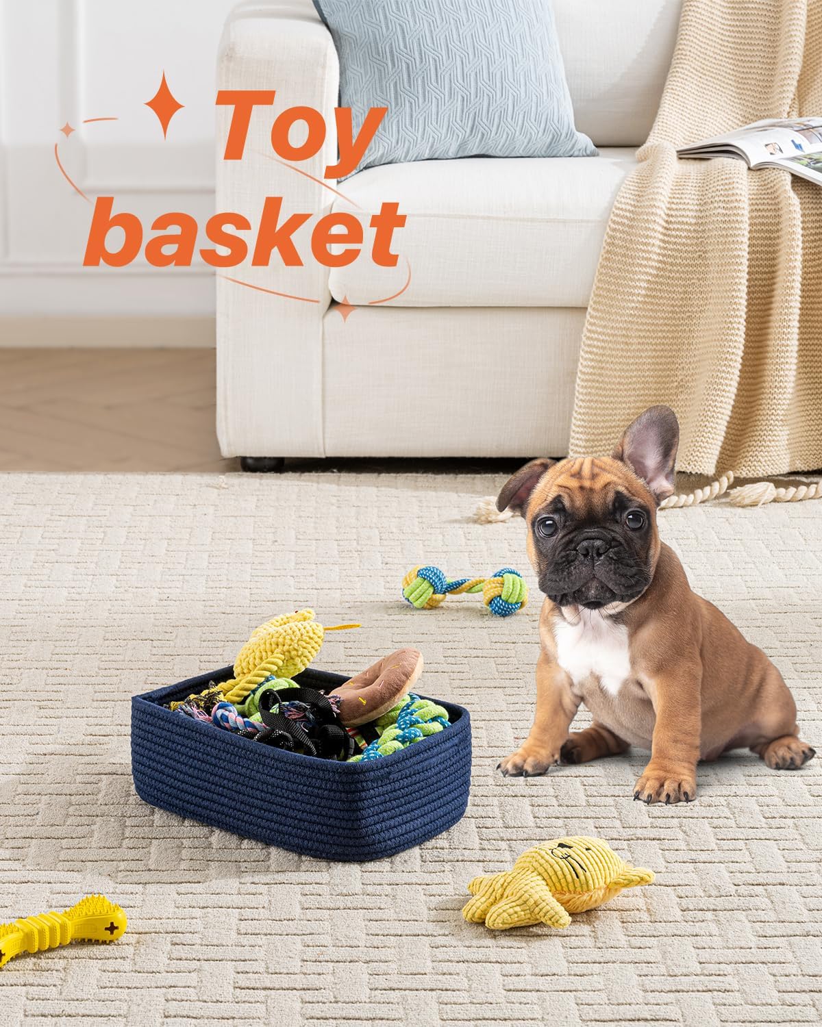 Small Woven Basket, 12 x 8 x 4.5 Inches, Storage Basket for Organizing, Cute Small Rope Shelf Closet Cube Storage Bins Baskets for Shelves, Dog Toy Gift Baskets Empty, 3 Packs, Navy Blue