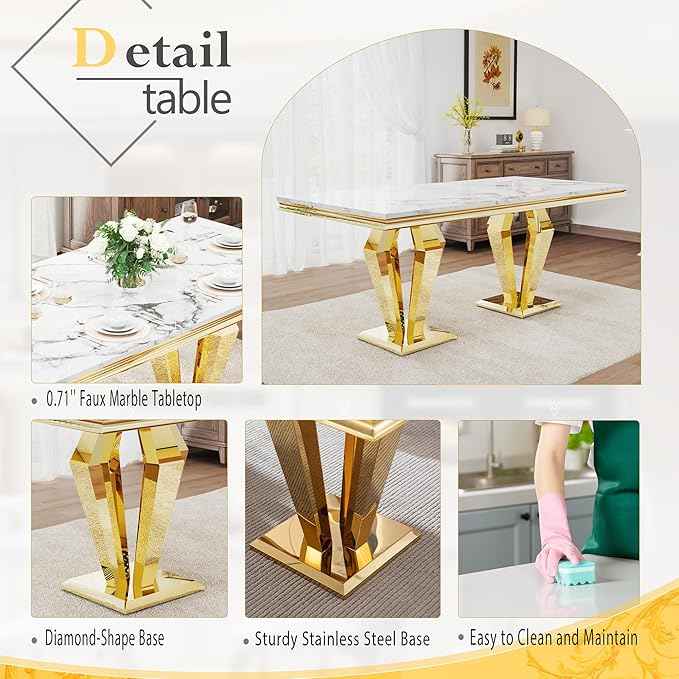 AF ARTISAN FURNITURE 7 Piece Luxury Dining Room Set, Modern Dining Table and Upholstered Chairs Set, Marble Kitchen Table Set for 6, Big Kitchen Dinner Tables Kit with Gold Base