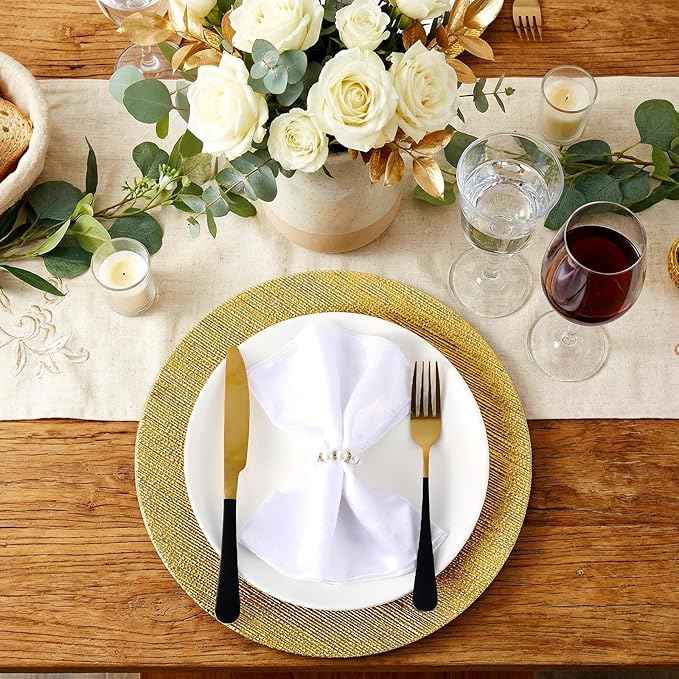 Tanlade 30 Pcs Charger Plates Bulk 13 Inch Plastic Texture Strip Wedding Chargers Floral Decorative Plates with Metallic Ruffled Rim for Wedding Party, Holiday Event Supplies(Gold)
