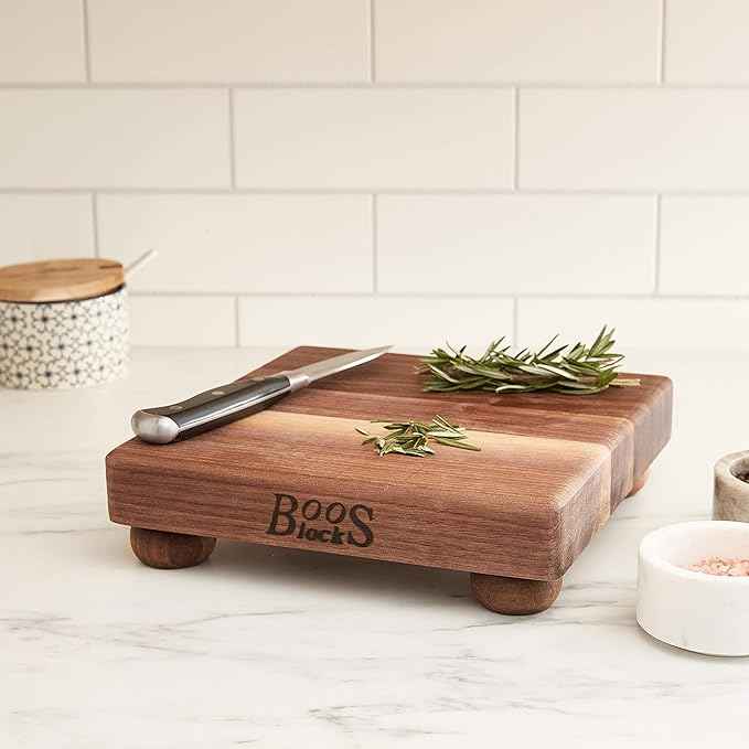 John Boos B Series Square Wooden Walnut Cutting Board 9”x9” – 1.5” Thick, 3-lb Non-Reversible Butcher Block with Wood Bun Feet & Edge-Grain
