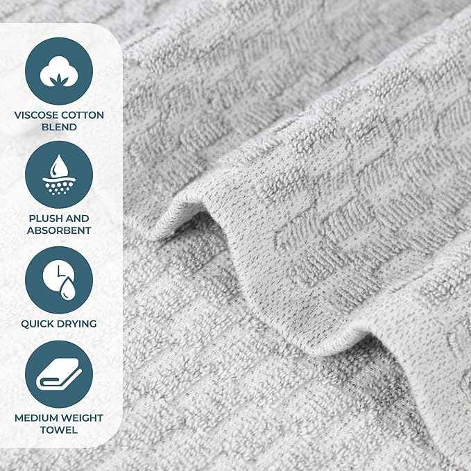Superior Juno Viscose Cotton Blend Medium Weight Towels, Guest Bath, Bathroom, Shower, Spa, Plush, Quick Dry, Ultra-Soft Towels, Bath Essentials, Border Detail, 12 Piece Assorted Towel Set, Platinum