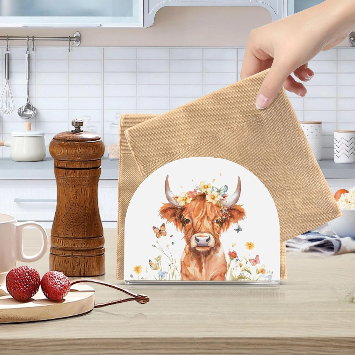 Highland Cow with Butterflies Napkin Holder for Table Paper Napkins Holder Acrylic Tissue Dispenser Kitchen Dining Room Bathroom Party Car Decor