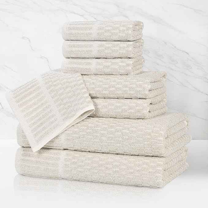 Superior Juno Viscose Cotton Blend Medium Weight Towels, for Bathroom, Shower, Spa, Plush, Quick Dry, Ultra-Soft Towels, Bath Essentials, Border Detail, 8 Piece Assorted Towel Set, Beige
