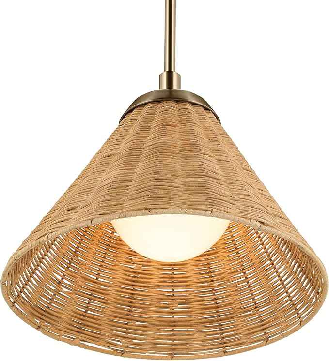 Kichler Bekah 1-Light Convertible Pendant, Global Boho LIght with Opal Glass and Handwoven Rattan Shade in Champagne Bronze, Sloped Ceiling Compatible, for Kitchen or Foyer (10.75" x 14.25"), 52728CPZ