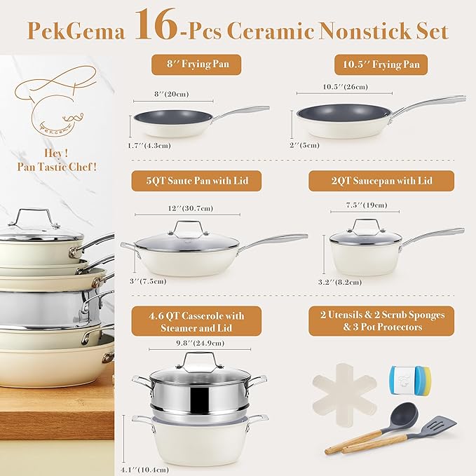 PekGema 16 Pcs Ceramic Cookware Sets, Pots and Pans Set Nonstick, Non Toxic Healthy Non stick Kitchen Cooking Set, PFAS PTFE PFOA FREE, Stay-Cool Handle,Dishwasher-Friendly,Oven-Safe