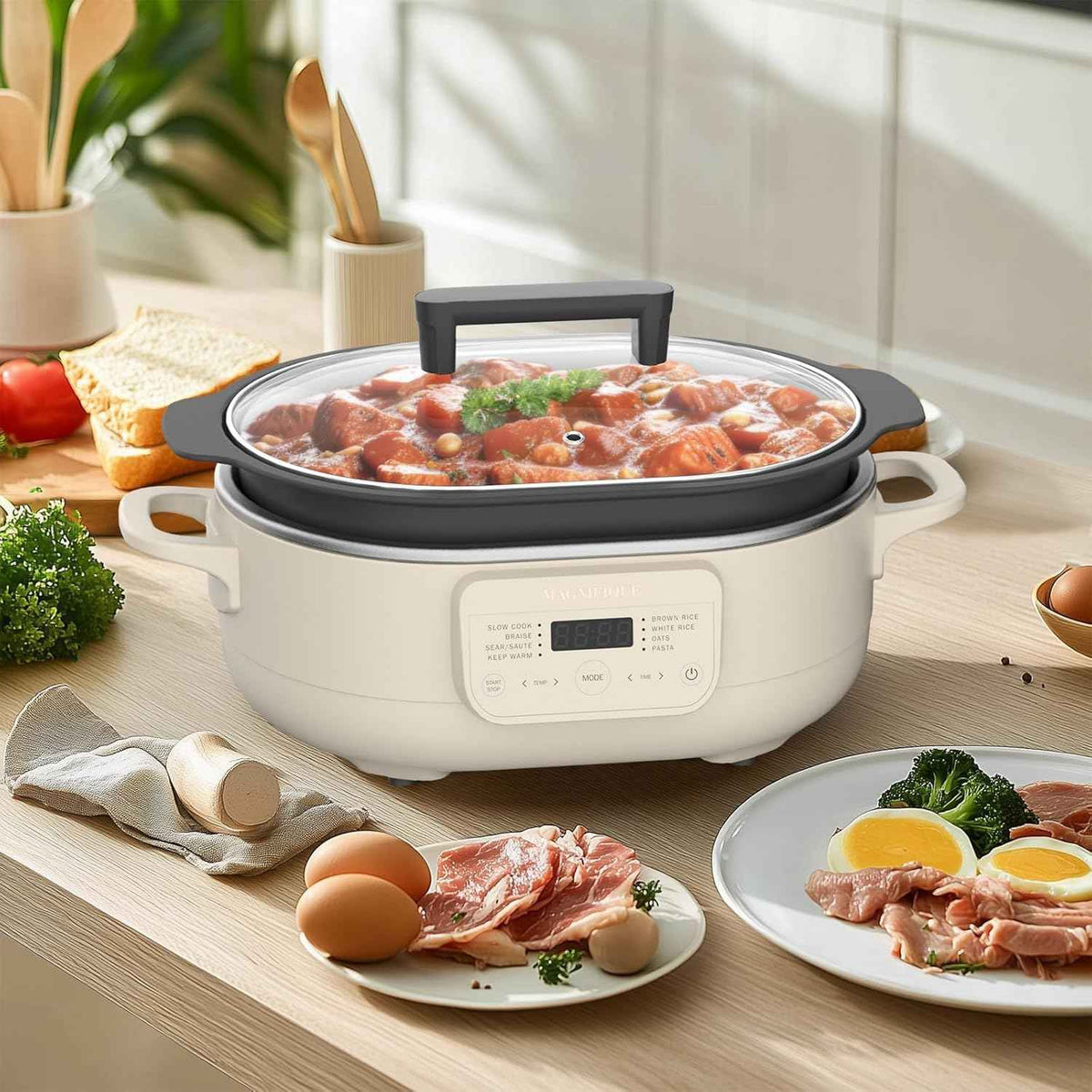 6 Quart Slow Cooker, with 8-in-1 Multi-Cooker, Casserole Programmable crock pot, Dutch Oven, Pasta, Nonstick, Oven Safe Pot to 500°F, Oatmeal