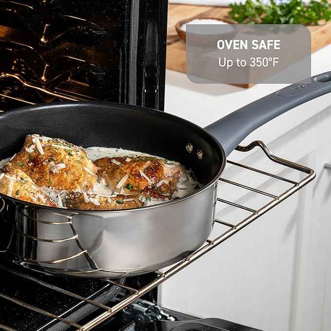 T-fal Essentials Stainless Steel Fry Pan w/Non Stick Coating 10.5 Inch, Induction Compatible, Oven Safe 350F, Heat Indicator, Nonstick Frying Pan, Versatile Skillet, Dishwasher Safe, Silver/Blue