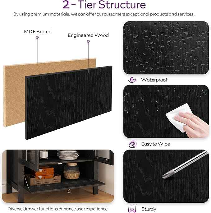 TYBOATLE 71" Tall Arched Pantry Cabinet with Innovative Drawer, Kitchen Cabinet with Anti-Tipping Device and Glass Door, Versatile Cupboard for Kitchen, Dining, Black